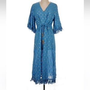 Blue Midi Dress with Gold Accents